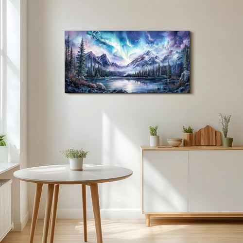 SERIMINO Aurora Landscape Large Wall Art, Mountain Forest Lake Nature Decor Art Prints, Fantasy Nightscape Artwork for Walls, Moonlit Night Canvas Art Wall Decor Living Room Bedroom Office 24"X48"