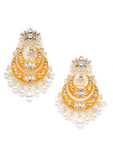 Image of Karatcart Gold Plated Yellow Meena Dangler Earrings for Women