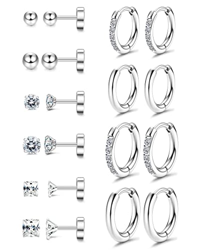Loyallook Tiny Cartilage Stud Earrings For Women Men Stainless Steel Cubic Zirconia Flatback Earrings Small Hoop Earrings Hoop Huggie Earring Sets For Multiple Piercings Silver Tone #TOP12