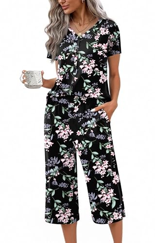 Image of Ekouaer Women's Pajama Sets Short Sleeve Sleepwear Button Up Pj Loungewear Top and Capri Pants with Pockets