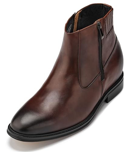 CALTO Men's Invisible Height Increasing Elevator Shoes - Coffee Brown Premium Leather Lightweight Zipper Boots - 2.8 Inches Taller - Y70622 - Size 9 D(M) US