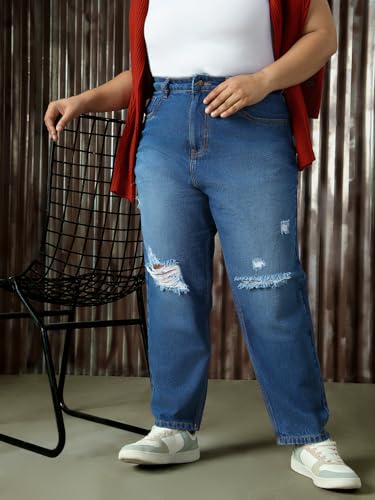 Image of High Star Plus Size Women Cotton Washed Mom Fit High-Rise Jeans