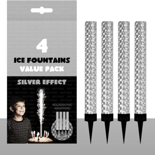 Pack of 4 Cake Sparklers Ice Fountain Candles Silver Sparkling Cake Topper for Champagne & Prosecco Bottles Party Cake Decoration for Birthday Wedding Christmas & New Year Celebrations 10cm