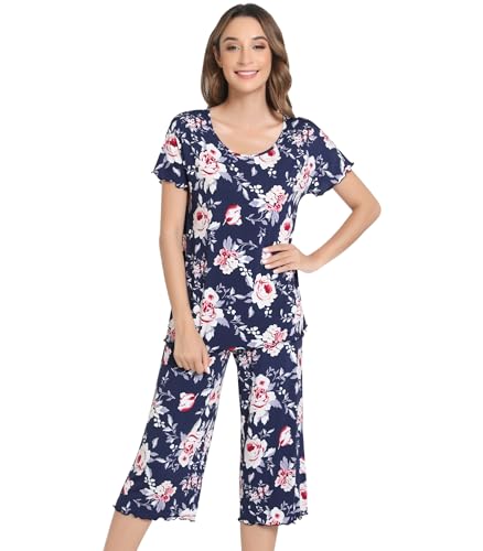 Image of NACHILA Women's Bamboo Viscose Pajama Sets Summer Cooling Short Sleeve Capri Soft Pjs Night Sweats Moisture Wicking Sleepwear