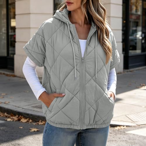 Gryvoilet Womens Quilted Vest Drawstring Hood Short Sleeve Zip‑Up Lightweight Puffer Gilet Casual Layering Outerwear for Ladies Gray M - image 3