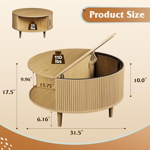 Image of WLIVE 31.5 inch Round Coffee Table with Storage, Natural Oak | with Sliding Cabinet Door, Mid Century Modern Fluted Center Table for Living Room, Small Space. 31.5 inch Dia. x 17.5 inchH