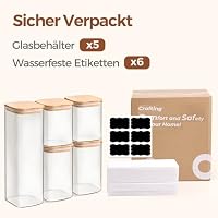 ComSaf Vorratsgläser, Glasbehälter mit Deckel, Vorratsdosen Glas 2,1 L/1,1 L×2/800 ml×2, Eckig Borosilikat Einmachgläser Bambusdeckel, Platzsparend, Küchenaufbewahrung Spaghetti Mehl Nüsse Müsli – Ansicht 8