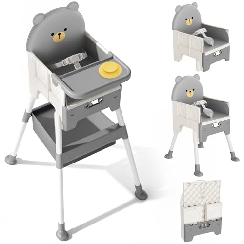 Baby High Chair 3 in 1 High Chairs for Babies and Toddlers Bear Toddler Chair Adjustable Height Highchair with Bib and Storage Bag for Baby Convenient Comfortable Feeding（Grey）