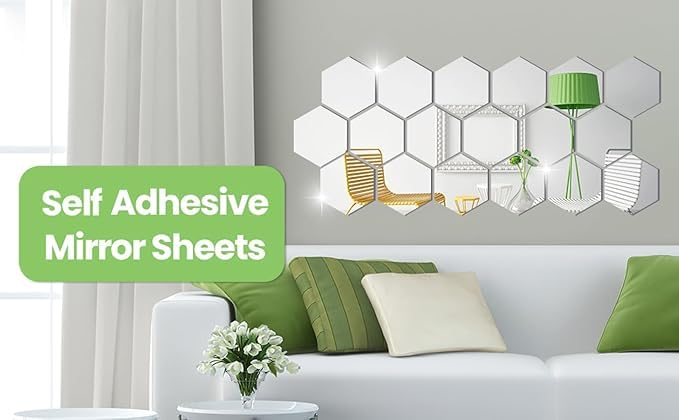 Image of Wall1ders 20 Hexagon 10 Butterfly Silver Hexagon Mirror wall Stickers, Mirror Stickers for wall, wall Mirror Stickers, Acrylic Wall Stickers for Hall Room, Bed Room, Kitchen