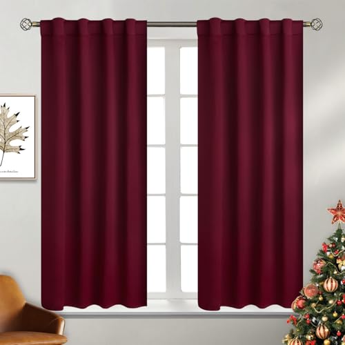 BGment Burgundy Red Blackout Curtains 54 Inch Length - Christmas Blackout Curtains Thermal Insulated Rod Pocket Back Tab Room Darkening Curtains for Bedroom, 2 Window Curtains Panels (38 x 54 Inch,)