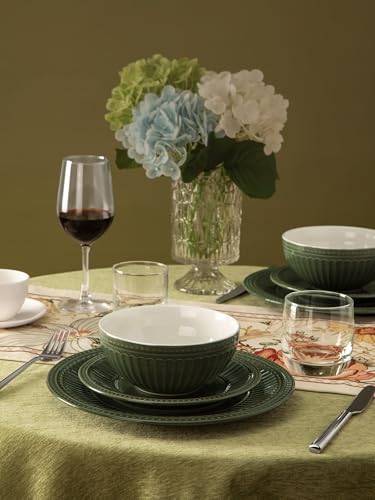 Image of Famiware Garden 12-Piece Embossed Plates and Bowls Sets, Stoneware Reactive Glaze Dishes Dinnerware Set, Modern Rustic, Chip & Scratch Resistant, Microwave & Dishwasher Safe, Service for 4, Dark Green