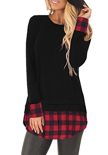 SUNNYME Women's Long Sleeve Plaid Shirts Casual Loose Fit Flannel Buffalo Tees Tunic Tops Sweatshirt C-Black Medium