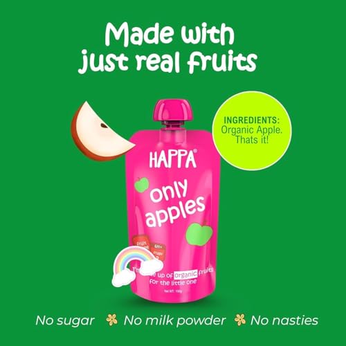 Image of Happa Organic Baby Food Apple Puree | 100% Fruits | No Added Sugar, No Milk Powder, No Preservatives | Stage 1 (6 Months+) | Ready to Eat | Free from Common Allergens | Pack of 9 (100g Each)