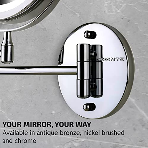 Ovente 6.8" Lighted Wall Mount Makeup Mirror, 1X & 10X Magnifier, Adjustable Double Sided Round Led, Extend, Retractable & Folding Arm, Compact & Cordless, Battery Powered Polished Chrome Mfw70Ch1X10X #TOP7