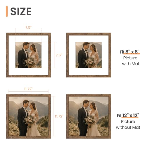 Image of upsimples 12x12 Picture Frame, Display Pictures 8x8 with Mat or 12x12 Without Mat, Wall Hanging Photo Frame, Rustic brown, 1 Pack