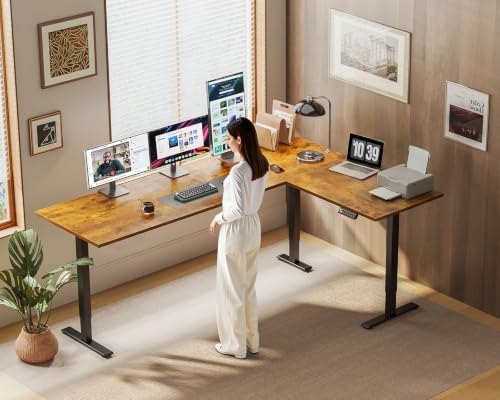 Image of OffiGo 71 Inch Reversible L Shaped Electric Standing Desk, Rustic Brown