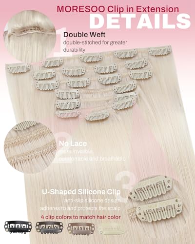 Image of Moresoo Hair Extensions Clip ins White Blonde Real Hair Clip in Extensions Human Hair Double Weft Clip in Human Hair Extensions Full Head #60A 7Pieces /120Grams 24inch