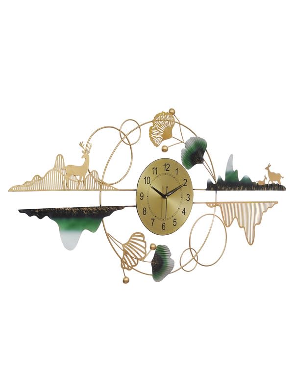 Image of CHRONIKLE Designer Iron Golden and Green Analog English Numerals Wall Hanging Clock for Living Room Bedroom Home Office Timeless Decor (Size: 120 x 2.5 x 56 CM| Weight: 1700 Gram)