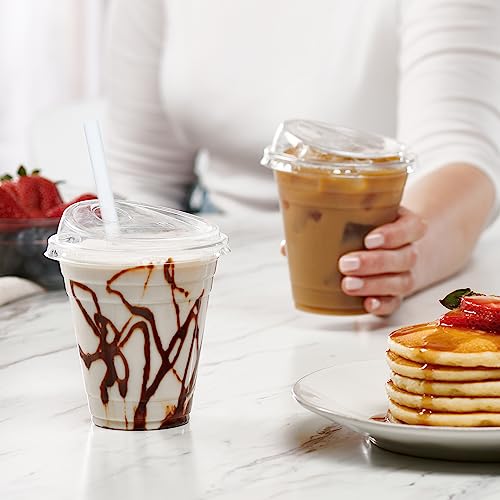 Comfy Package: 12 oz. Crystal Clear Disposable Iced Coffee Cups with Strawless Lids - 100 Count