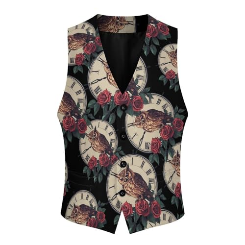 Owl Rose Flowers Clock Men's Suit Vests Dress Vest V-Neck Waistcoat Slim Business Formal with Pocket4