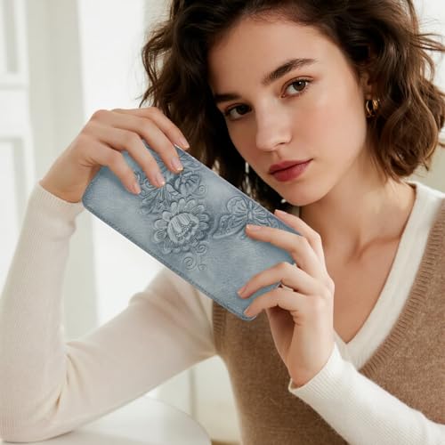 Image of Wallet Women Ultra Slim Thin Rfid 3D Embossed Vegan Leather Womens Wallet Clutch Long Ladies Wallet (06-Blue)