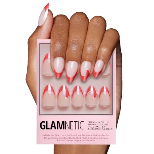 Glamnetic Press On Nails Mrs. Claus | Short Almond Fake Nails Semi-Transparent Red French Tip Santa Hat Design Glazed Finish Salon Quality Holiday Nails | 15 Sizes 30 Nail Kit