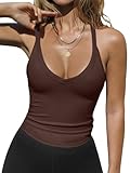 REORIA Womens Workout Tank Tops V Neck Racerback Going Out Crop 2025 Trendy Top Summer Sleeveless Ribbed Camisole Coffee Small
