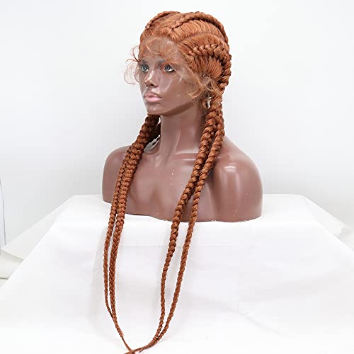 xiweiya Braided Wig Caramel Braids 100% Hand-Braided Hair Red Brown 4xTwist Braiding Wigs 360 Swiss Lace Front Double Dutch Braided Wigs 4xTwisted Braids French Braids Wig 36inch - Image 3