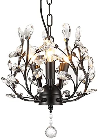 SEOL-Light Farmhouse Crystal Branch Chandelier Pendant Hanging Lighting Fixture Small Size Flush Mount 120W with 3 Socket Black for Bedroom,Foyer,Kitchen,Dining Room