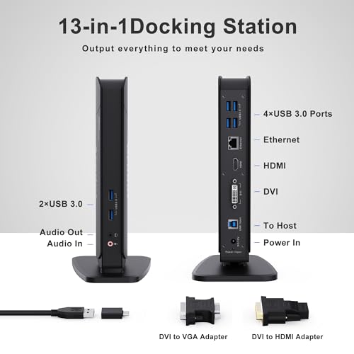 Acodot - Estación de acoplamiento universal para portátil USB 3.0, soporte de doble monitor compatible con Windows equipado con HDMI y DVI/VGA, Gigabit Ethernet, audio, 6 puertos USB… - imagen 2