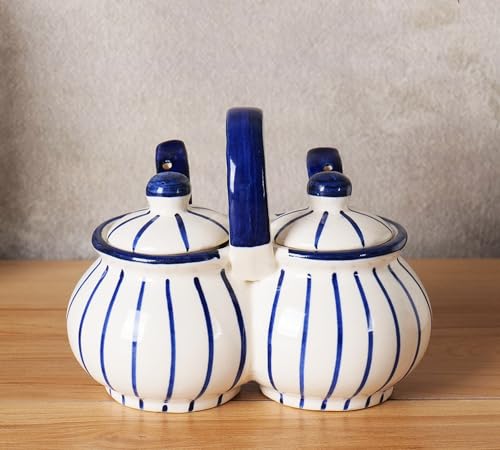 Image of Niyara Multipurpose Storage Ceramic Pickle set Jars & with Lid & tray (Set of 2, 300 ML) (Blue line design)