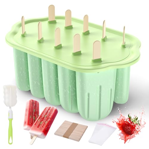 Stampi per Ghiaccioli in Silicone, Silicone Stampi per Gelato senza BPA, 10 Cavità Formine Ghiaccioli Riutilizzabili, Stampi per Ghiaccioli Spazzola per la Pulizia e Coperchio, per DIY Ghiaccioli