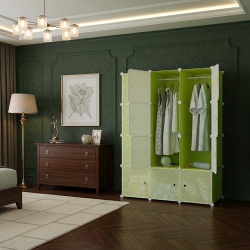 Image of KRISHYAM Kids Modular Storage Cabinet with anging Rail,12 Cube Plastic Wardrobe Organizer, DIY Closet System with Hanging Rod, Toy & Clothes Storage (Green Plain, 12 Box)