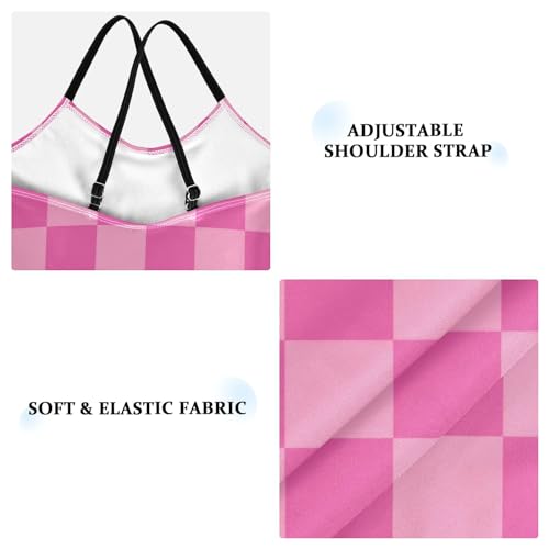 Pink Checkered Board Girls One Piece Swimsuits Hot Pink Sport Halter Swimwear Beach Bathing Suit 9-10T3