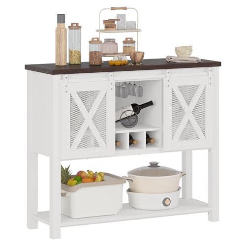 Image of Farmhouse Coffee Bar Cabinet with Storage, Sliding Barn Door Sideboard Buffet, Wine Bottle & Glass Storage Cabinet for Kitchen, Dining Room & Living Room,White