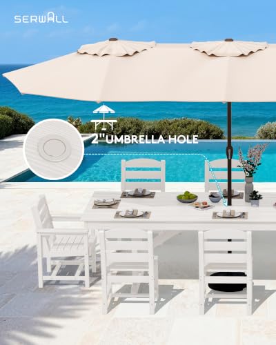 Image of SERWALL 9 Piece 84 inch HDPE Outdoor Dining Set with 6 Armless Chairs, 2 Armchairs and Umbrella Hole for 8, White