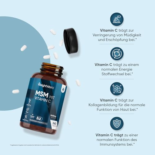 MSM Tabletten - 2400mg mit 100mg Vitamin C - 360 vegane Tabletten für 6 Monate Vorrat - Methylsulfonylmethan & Vit C - Alternative zu MSM Pulver & Kapseln - Frei von Magnesiumstearat - WeightWorld