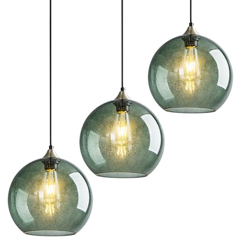 Image of Gray Green Glass Pendant Lights Kitchen Island Lighting Globe Pendant Light Fixtures Modern Pendant Lighting for Kitchen Island Bedroom Living Dining Room Light Fixture(9.84in, 3-Pack)