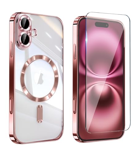 Image of Magnetic Glossy Case for iPhone 17,iPhone17 Phone Case Slim Clear Luxury with Screen Protector & Camera Protector [Compatible with MagSafe], Shockproof Cover for iPhone Case 17-Rose Gold
