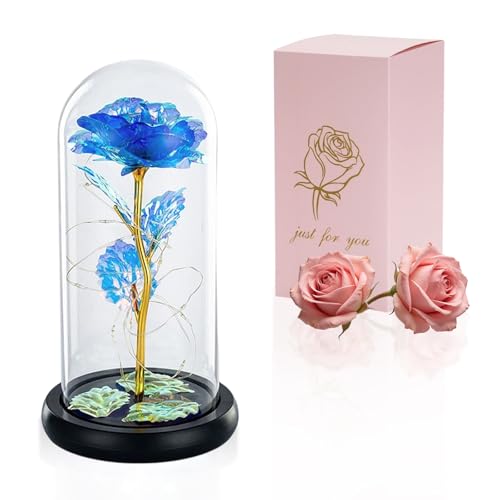 Glasseam Die Schöne Und Das Biest Rose In Glaskuppel LED-Lichter Kristallrose Blumen Geschenk Zum Geburtstag Jubiläum Valentinstag Hochzeit Freundin Frau Frauen (Blau)