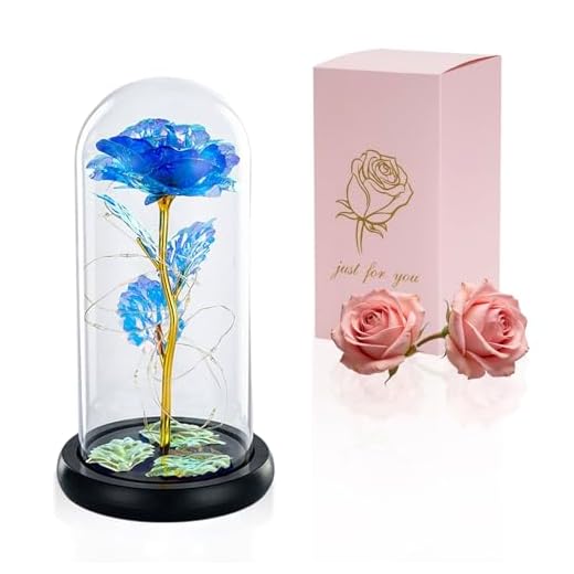 Die Schöne Und Das Biest Rose In Glaskuppel LED-Lichter Kristallrose Blumen Geschenk Zum Geburtstag Jubiläum Valentinstag Hochzeit Freundin Frau Frauen (Blau)
