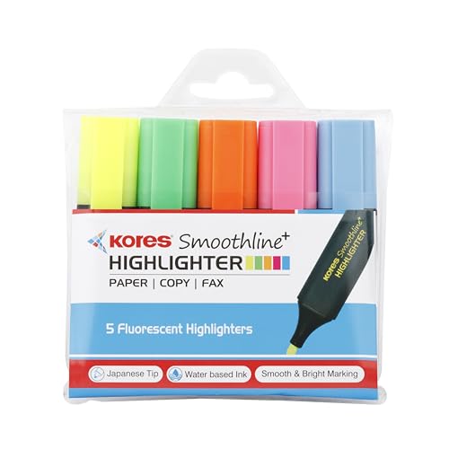 Image of Kores Smoothline + Highlighter | Assorted Colour | Set of 5 Vibrant Colour | Ideal Use : Office, School & Home | Excellent of Students & Professionals