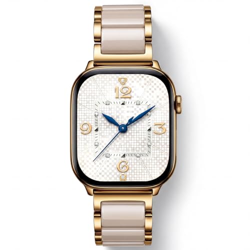 Image of V.R.HOPE Apple Watch Band for Women 38mm 40mm 41mm 42mm Fashion Gold Stainless Steel Metal Strap with Resin Inlay, Fashion Bracelet Compatible with iWatch Series 11 /10 /9 /8 /7 /6 /5 /4 /3 /2 /1 /SE (Oatmeal+Gold)