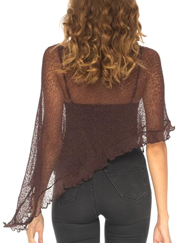 Image of SHU-SHI Women's Sheer Knit Poncho Shrug Lightweight Asymmetrical Ruffle Wrap Dressy Summer Shawl Cover Up Top