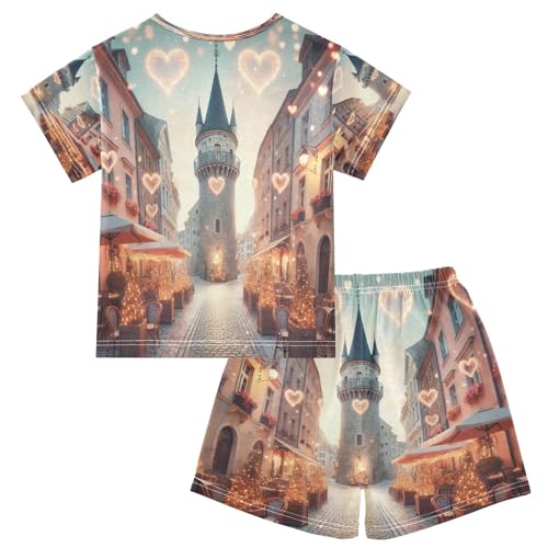 Street Hearts Valentines Pajama Set Short Sleeve Nightwear Soft Clothes Set Summer Pajamas Cotton 5Y2