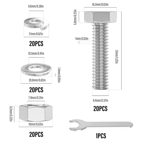 Image of 20PCS 3 /8-16 x 1-1 /4 inch 304 Stainless Steel Fully Threaded Bolt with Nut Flat & Lock Washers and Spanner