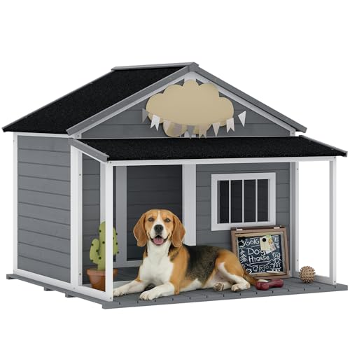 PawHut Niche pour Chien Extérieur Style Cabane en Bois, 124x112x105cm - Grande Niche avec Terrasse et Toit Bitumé Imperméable - Abri pour Chien de Taille Moyenne et Grand jusqu'à 24 kg, Gris