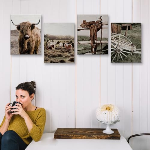 Image of Vintage Farm Cow Farmhouse Decor Cow Prints Canvas Wall Art Prints Pictures Wall Decor for Home Bedroom Kitchen Bathroom Rustic Western Country Birthday Housewarming Gifts 4PCS,Framed,8x10IN
