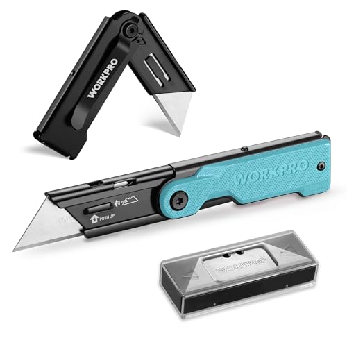 WORKPRO Folding Utility Knife with 10 Extra SK5 Blades, EDC Razor Sharp Knife with G10 Handle, Quick Change Box Cutter with Belt Clip, for Heavy Duty, DIY, Home, Office & Artcraft Use - Blue