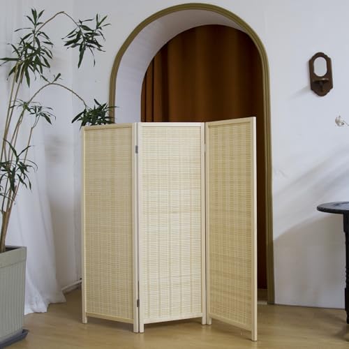 3 Panel Short Panel Divider Screen,3.95 FT Tall Bamboo Room Divider Folding Privacy Screen,Short Panel Divider Freestanding Room Divider for Room Seperation,Beige